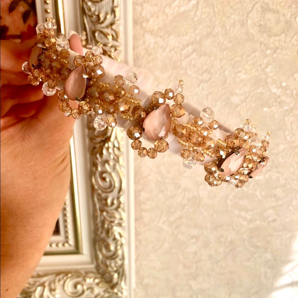 Tiara made of crystals and necklaces, stones, handmade. Cream-golden color